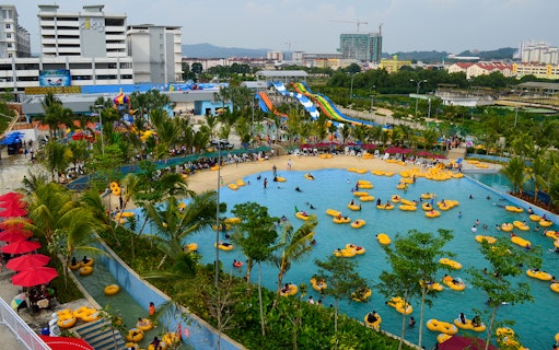 Water park with slides and pool at Water World, i-City Shah Alam, Malaysia.