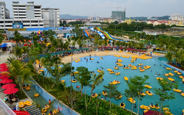 Water park with slides and pool at Water World, i-City Shah Alam, Malaysia.