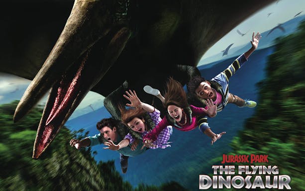 Riders on Jurassic Park's Flying Dinosaur ride at Universal Studios Japan.