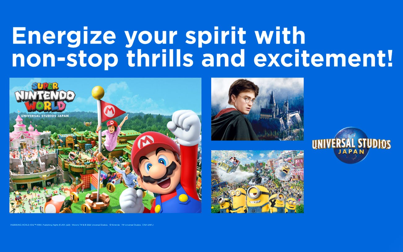 Super Nintendo World, Harry Potter, and Minions attractions at Universal Studios Japan.