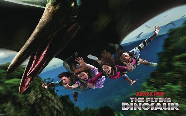 Riders on Jurassic Park Flying Dinosaur ride at Universal Studios Japan.