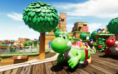 Visitors enjoying a Yoshi ride at Universal Studios Japan.