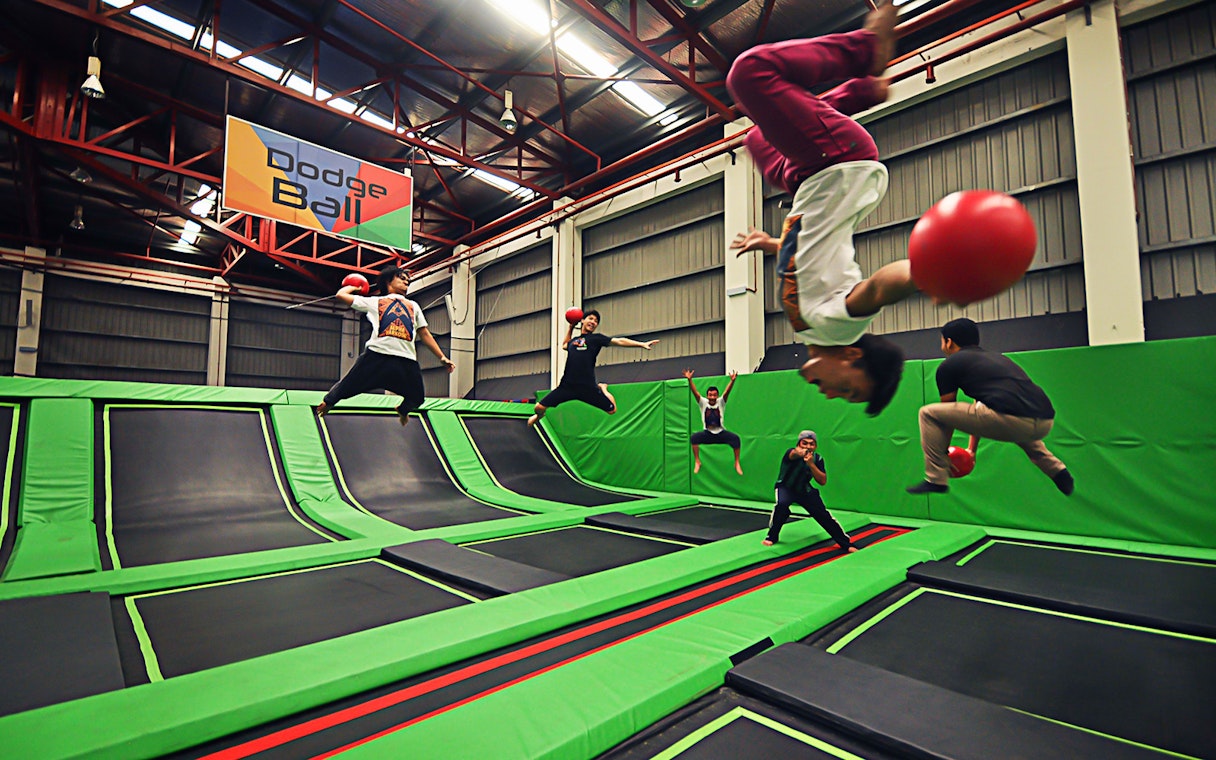 Trampoline dodgeball game at Jump Street Asia, Kuala Lumpur.