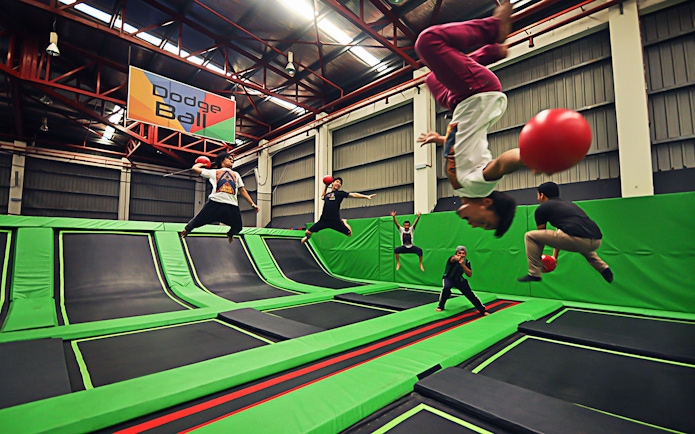Trampoline dodgeball game at Jump Street Asia, Kuala Lumpur.