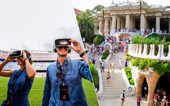 Visitors using VR at Camp Nou and exploring Park Güell in Barcelona.