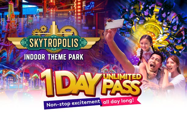 Genting Skytropolis Indoor Theme Park family enjoying rides with 1-day unlimited pass.