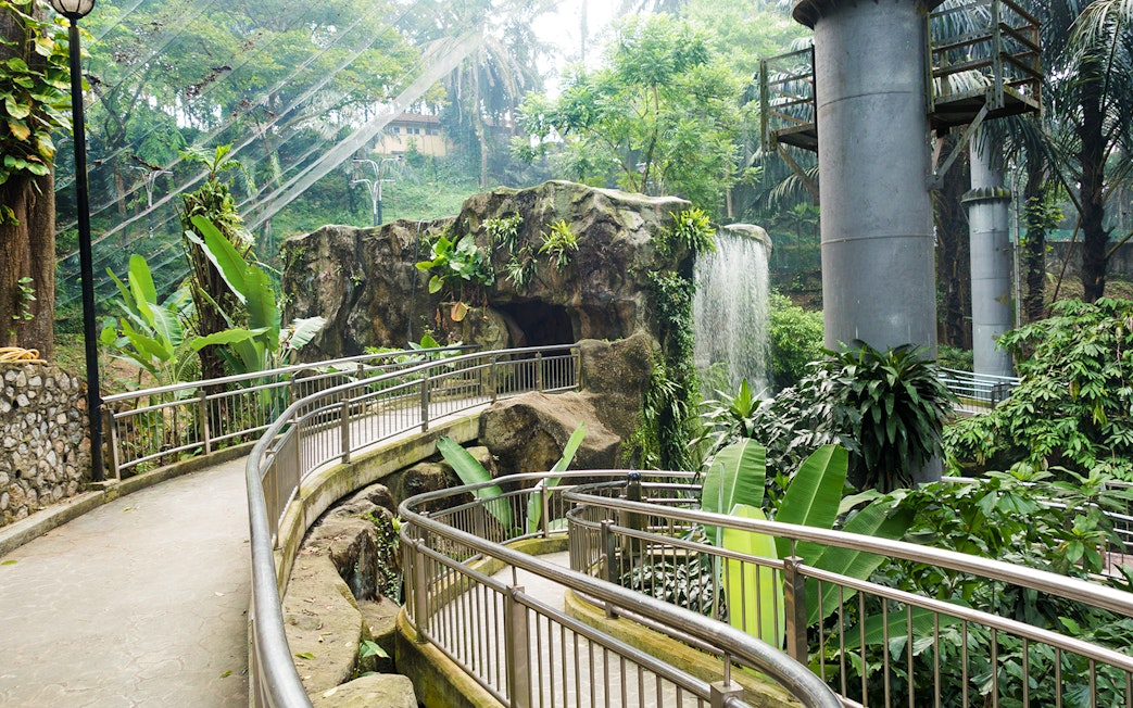Walkway through lush greenery and waterfall at Kuala Lumpur Bird Park.