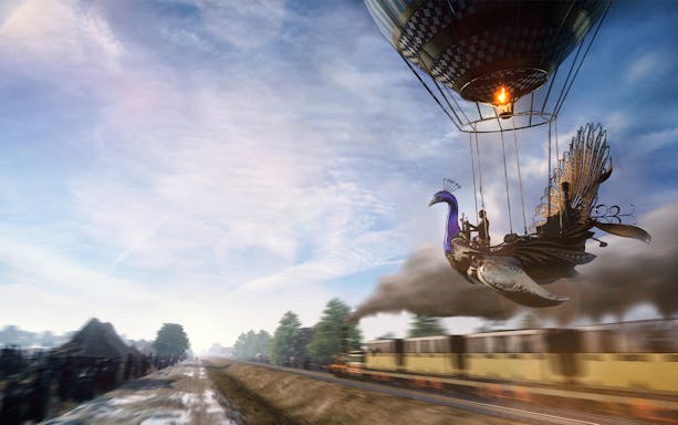 VR experience of a peacock-shaped hot air balloon over a historical train in Munich.