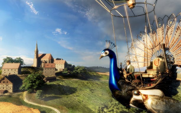 VR experience of a man in a peacock-shaped airship over medieval Munich landscape.