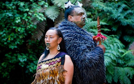 Maori performers in traditional attire at Mitai Maori Cultural Experience, New Zealand.