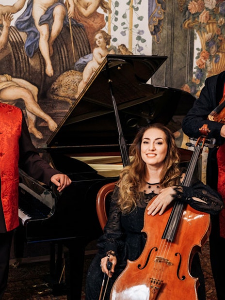 Musicians with piano, cello, and violin at Mozarthouse concert.