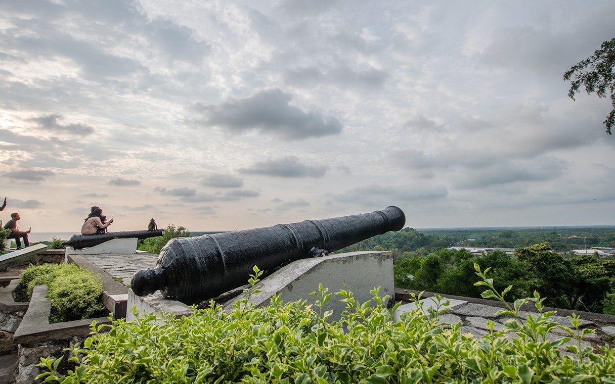 Historic cannon overlooking Kuala Selangor landscape during fireflies night tour.