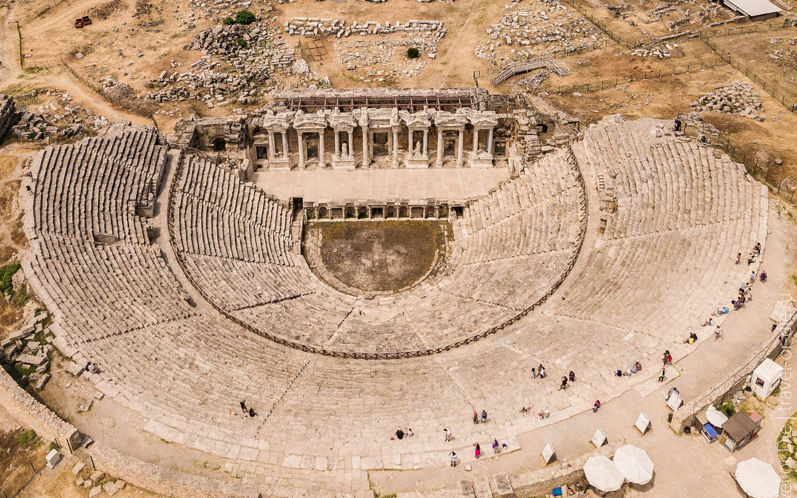 Hierapolis ancient theater in Pamukkale, Turkey, viewed from above.