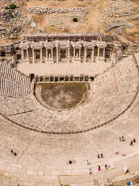 Hierapolis ancient theater in Pamukkale, Turkey, viewed from above.