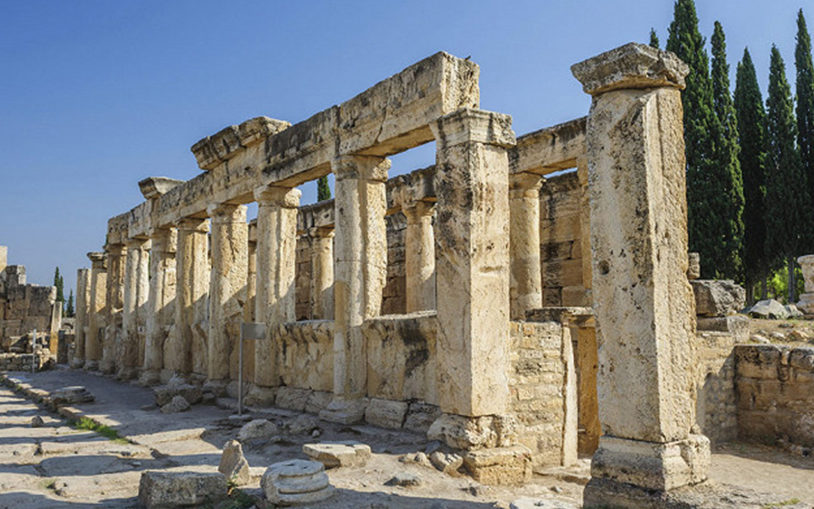 Ancient stone columns at Hierapolis ruins in Pamukkale, Turkey.