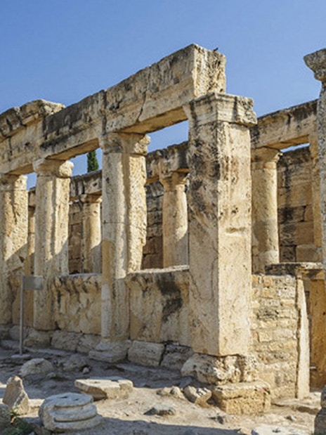 Ancient stone columns at Hierapolis ruins in Pamukkale, Turkey.
