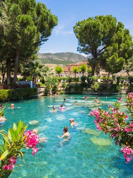 Tourists swimming in the thermal pool at Pamukkale, surrounded by lush greenery and flowers.