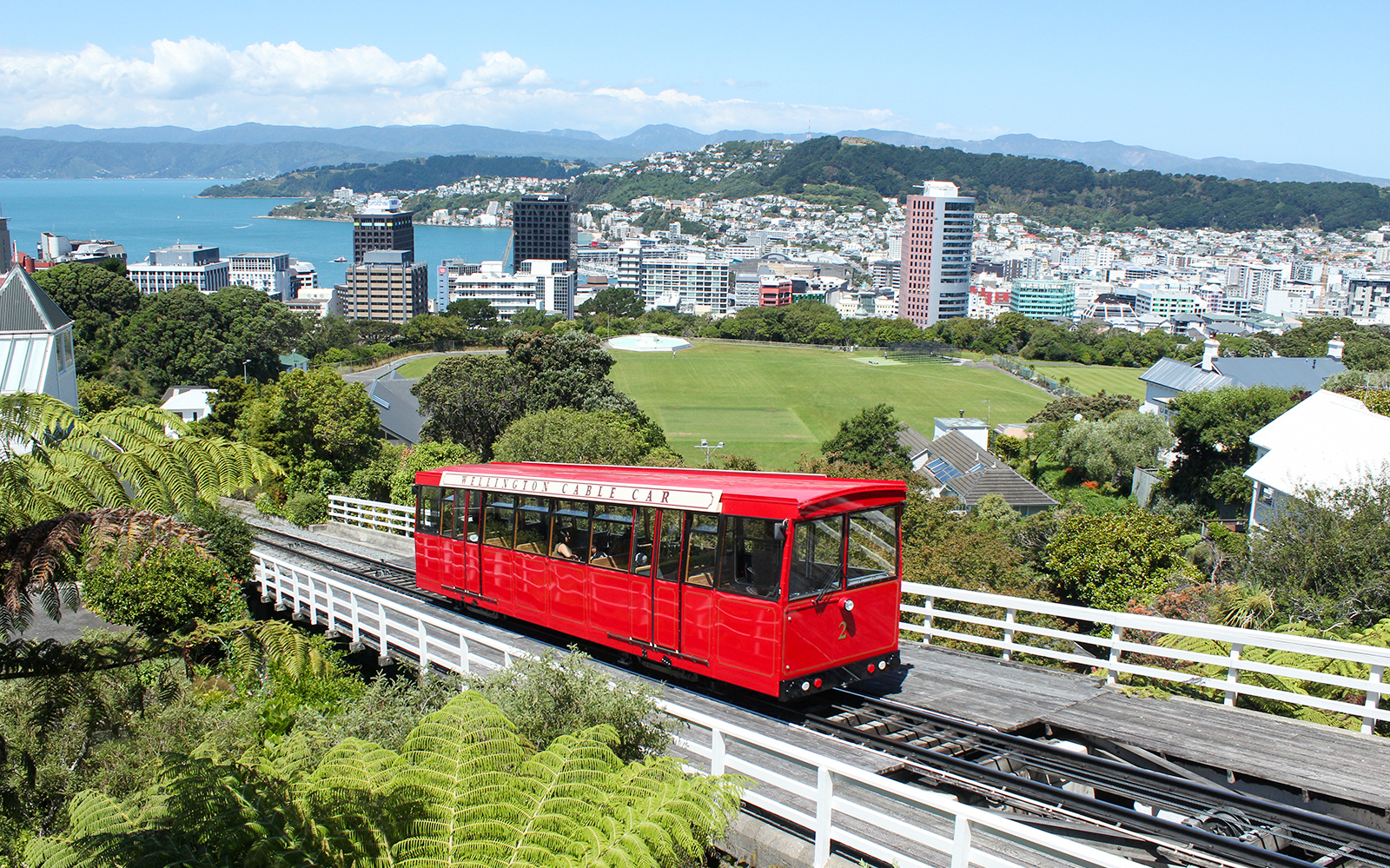 Wellington Cable Car with cityscape and harbor view in the background.