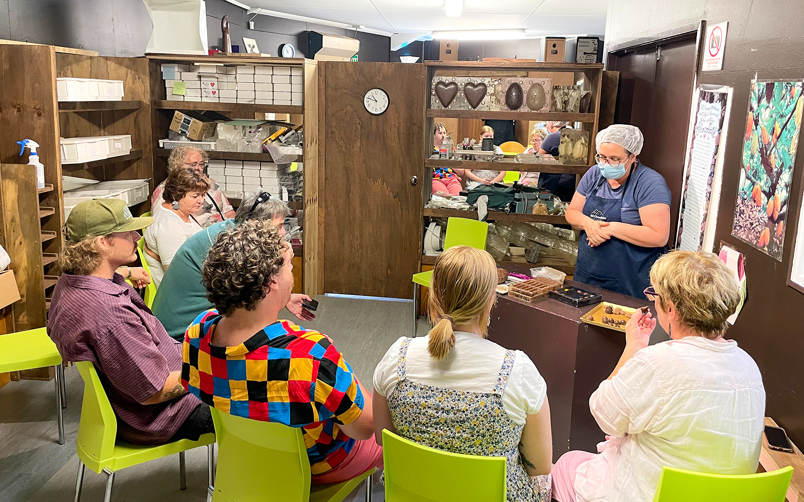 Group learning chocolate making on Kāpiti Coast food tour.