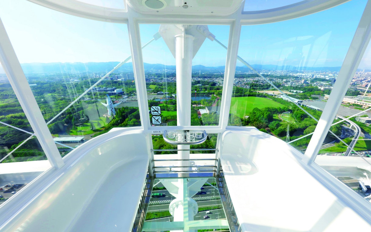 View from inside a Redhorse Osaka Wheel cabin overlooking Osaka cityscape and green park.