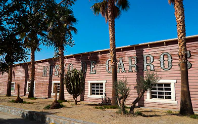Exterior of Museo de Carros at Oasys MiniHollywood, Almería, with palm trees and cacti.