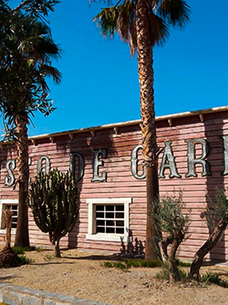 Exterior of Museo de Carros at Oasys MiniHollywood, Almería, with palm trees and cacti.