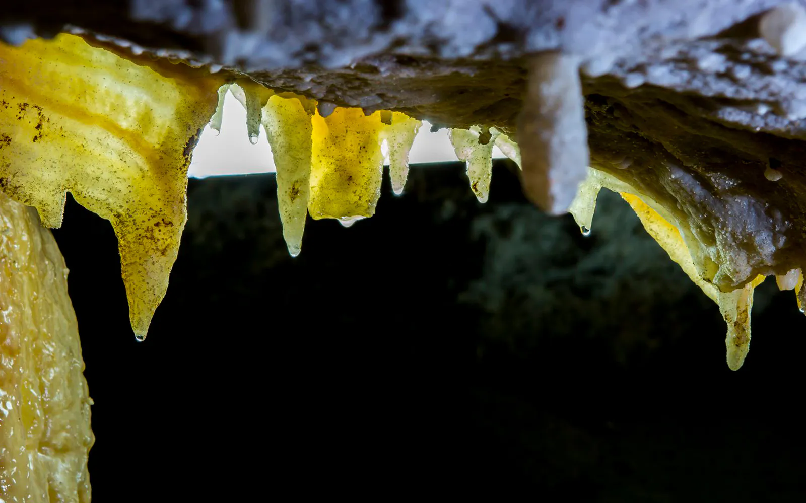 Stalactites in El Soplao Cave during guided tour.