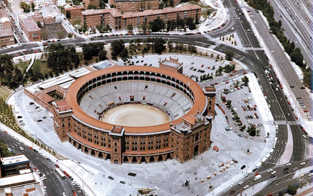 Aerial view of Las Ventas bullring in Madrid, Spain, highlighting its circular architecture.