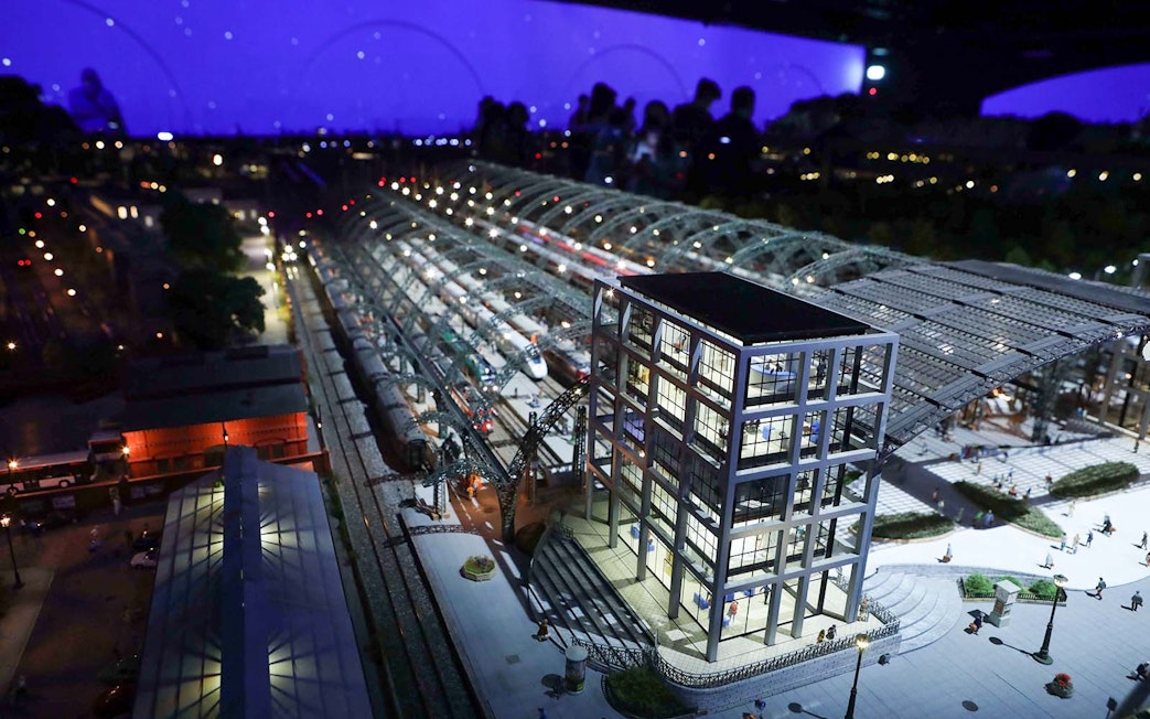 Miniature train station display at Hzero Miniature Railway Museum with detailed architecture.