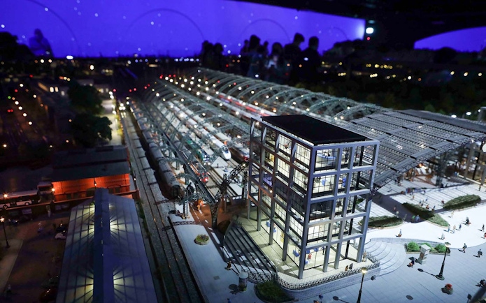 Miniature train station display at Hzero Miniature Railway Museum with detailed architecture.