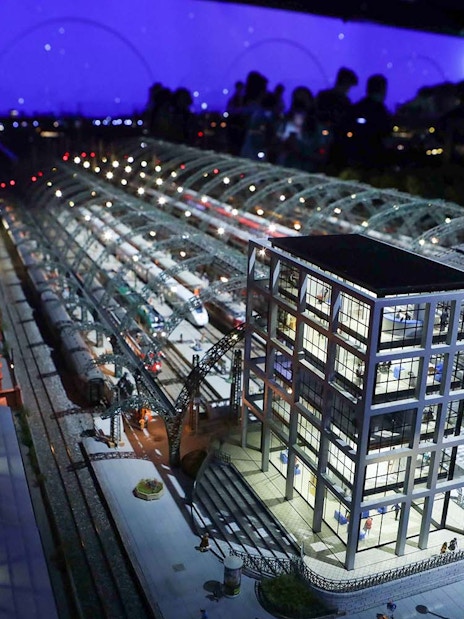 Miniature train station display at Hzero Miniature Railway Museum with detailed architecture.