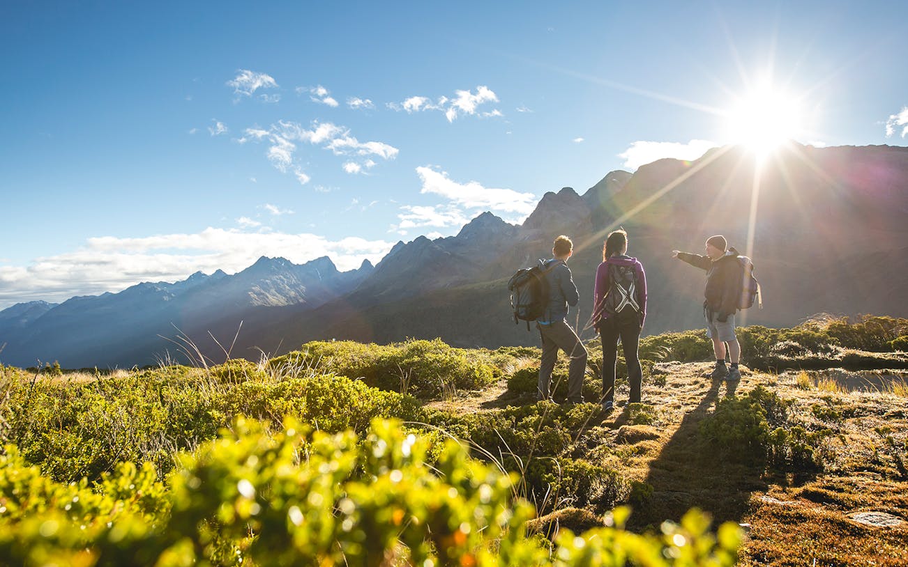 Hikers on Routeburn Track with sunlit mountains in Fiordland National Park.