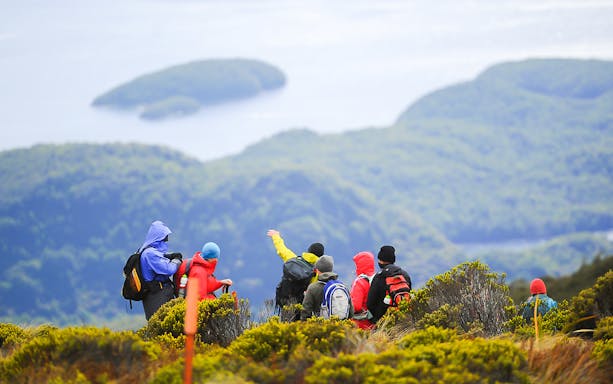 Hikers on Kepler Track with view of lush landscape, part of guided heli hike from Te Anau.
