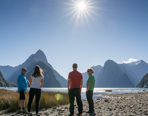 Visitors enjoying a guided wilderness walk at Milford Sound with mountain views.