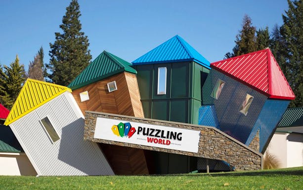 Puzzling World tilted buildings in Wanaka, New Zealand, part of the Wonders of Wanaka Tour.
