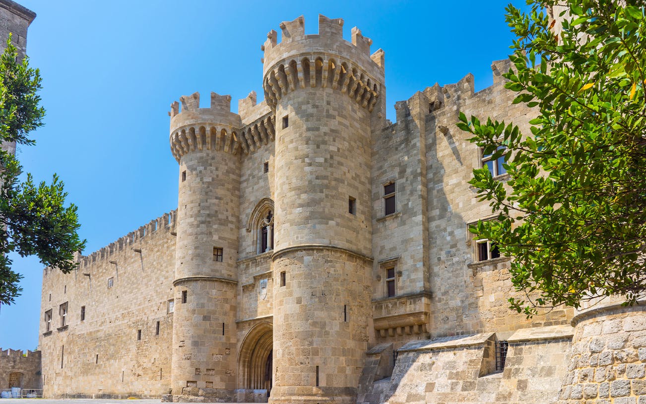Palace of the Grand Master of the Knights of Rhodes stone facade and towers.