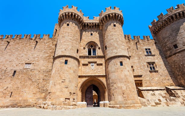 Palace of the Grand Master entrance with medieval towers in Rhodes, Greece.