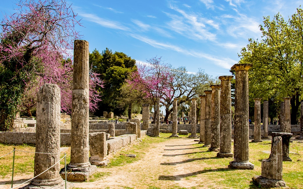 Ancient stone columns at Olympia archaeological site, Greece, with blooming trees in the background.