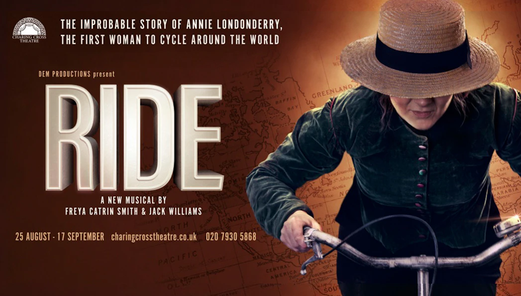 RIDE musical poster featuring Annie Londonderry cycling, Charing Cross Theatre