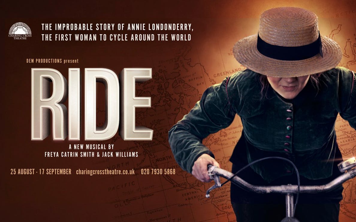 RIDE musical poster featuring Annie Londonderry cycling, Charing Cross Theatre