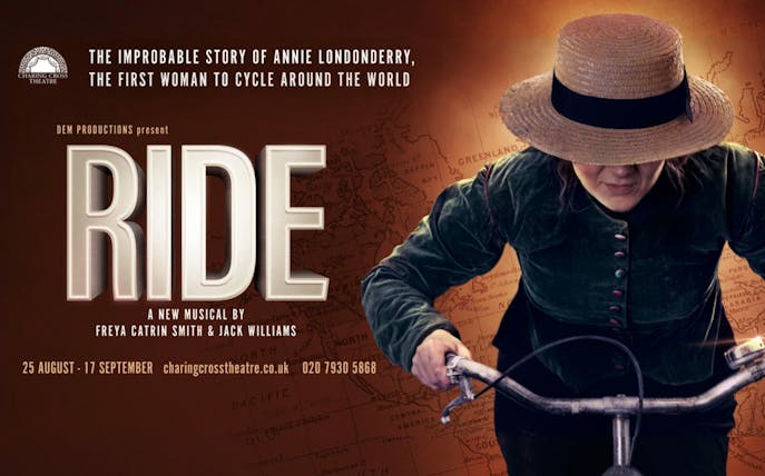 RIDE musical poster featuring Annie Londonderry cycling, Charing Cross Theatre