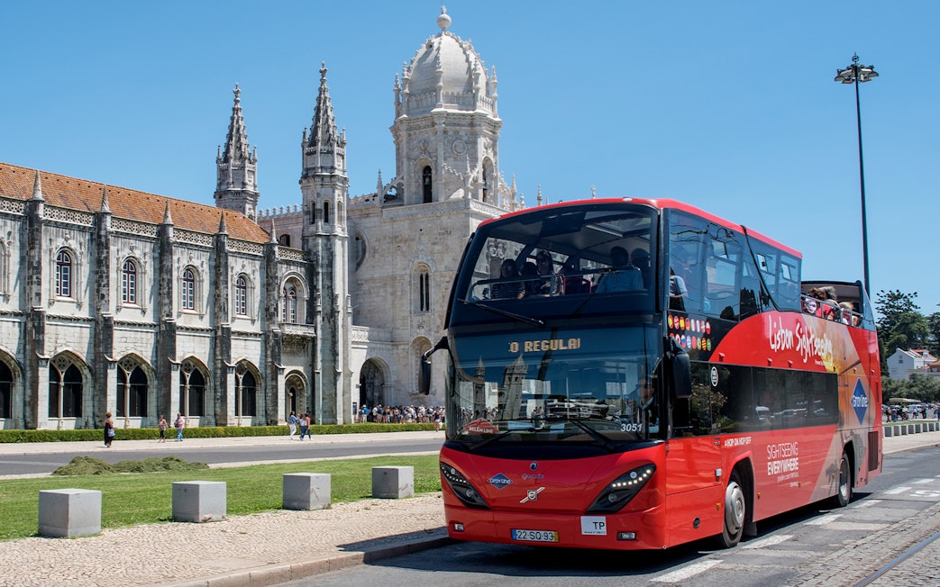 Lisbon hop-on-hop-off bus near Jerónimos Monastery.