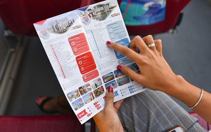 Lisbon tour map with Belem and Oriente lines for hop-on-hop-off bus and boat routes.