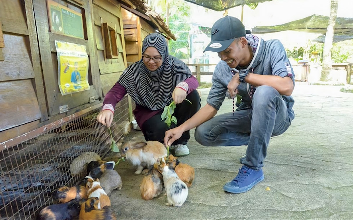 Visitors feeding rabbits at Farm In The City, Malaysia.