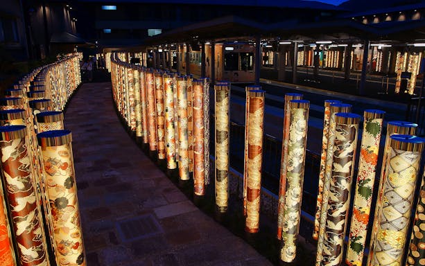 Illuminated kimono forest at Randen train station, Kyoto, near Toei Kyoto Studio Park.