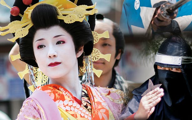 Geisha and samurai actors at Toei Kyoto Studio Park, Japan.