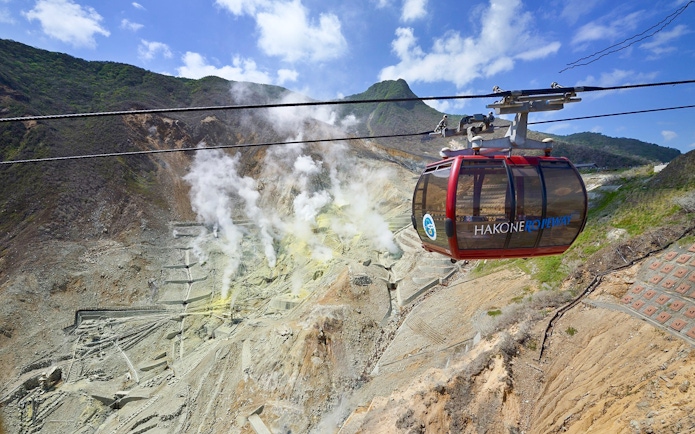 Hakone Ropeway gondola over volcanic landscape with steam vents in Hakone, Japan.