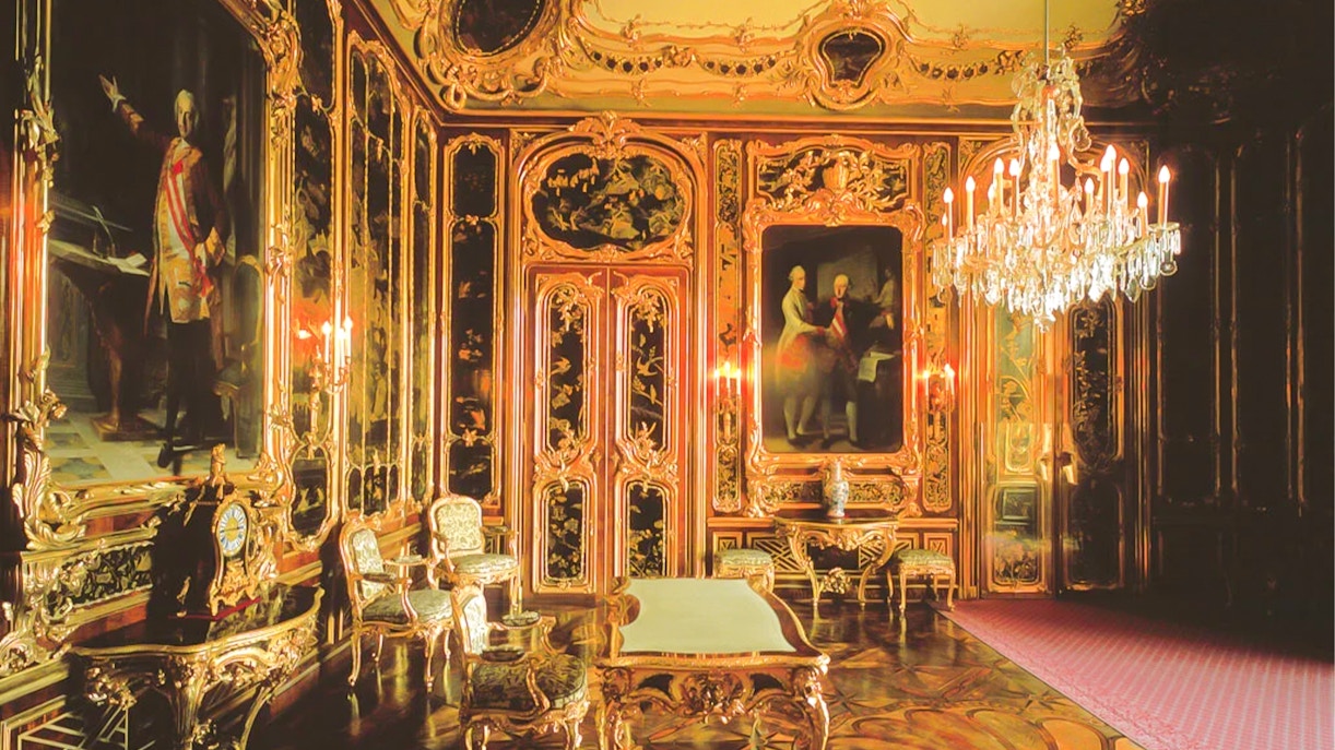 Schönbrunn Palace facade with tourists in Vienna, Austria, skip-the-line tour.