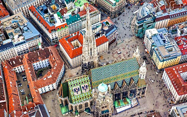 Aerial view of St. Stephen's Cathedral in Vienna's historic city center.