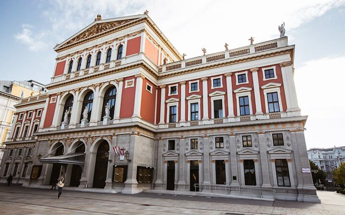 Vienna Musikverein concert hall exterior, showcasing neoclassical architecture.